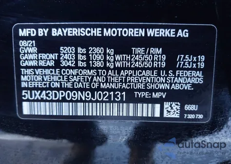 2022 BMW X3 Sdrive30I z USA, uszkodzony, nr VIN 5UX43DP09N9J02131